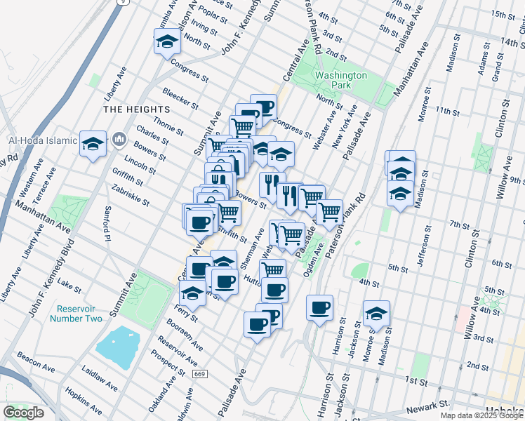 map of restaurants, bars, coffee shops, grocery stores, and more near 156 Sherman Avenue in Jersey City
