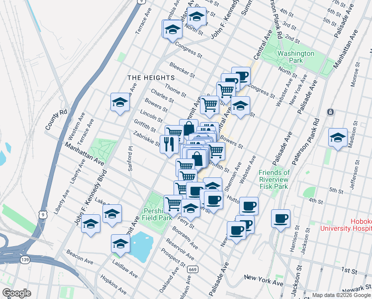 map of restaurants, bars, coffee shops, grocery stores, and more near 20 Zabriskie Street in Jersey City