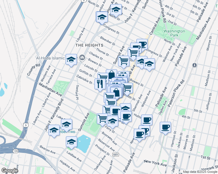 map of restaurants, bars, coffee shops, grocery stores, and more near 22 Zabriskie Street in Jersey City