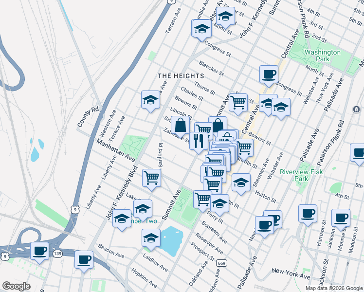 map of restaurants, bars, coffee shops, grocery stores, and more near in Hudson County