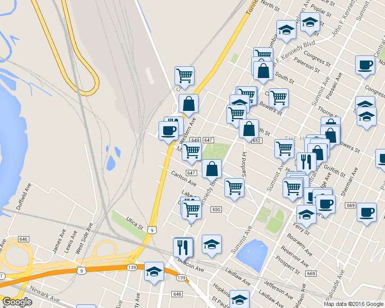 map of restaurants, bars, coffee shops, grocery stores, and more near 260 County Road 647 in Jersey City