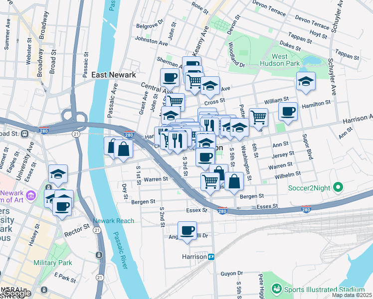 map of restaurants, bars, coffee shops, grocery stores, and more near 238 Harrison Avenue in Harrison