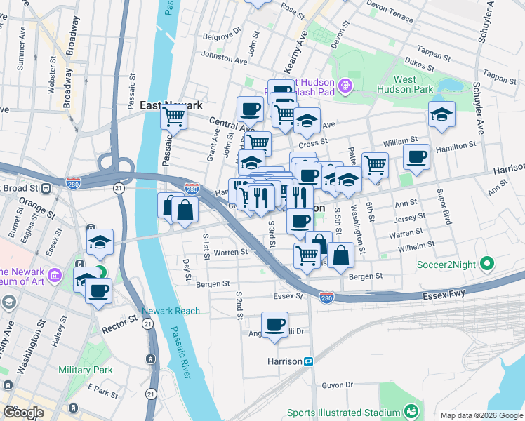 map of restaurants, bars, coffee shops, grocery stores, and more near 239 Harrison Avenue in Harrison