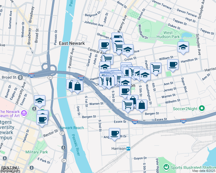 map of restaurants, bars, coffee shops, grocery stores, and more near 238 Harrison Avenue in Harrison