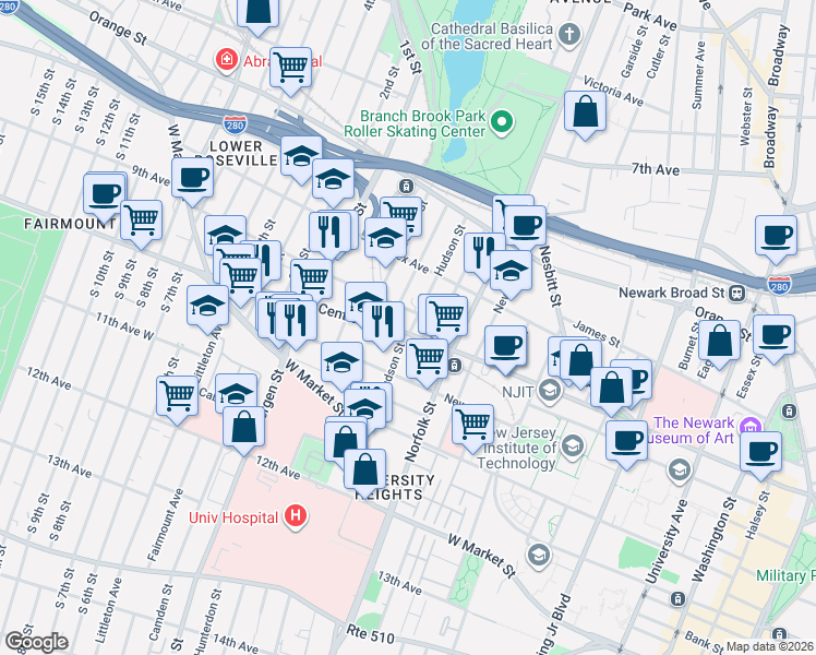 map of restaurants, bars, coffee shops, grocery stores, and more near 111 Hudson Street in Newark