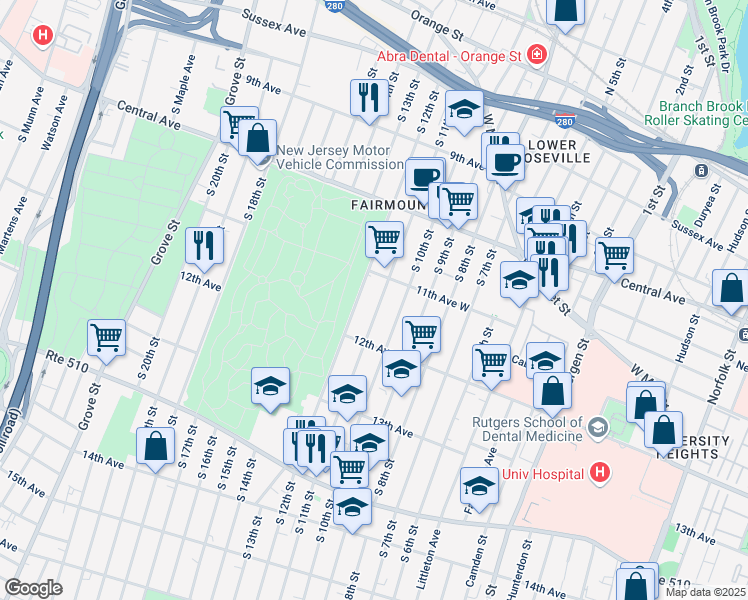 map of restaurants, bars, coffee shops, grocery stores, and more near 243 South 11th Street in Newark