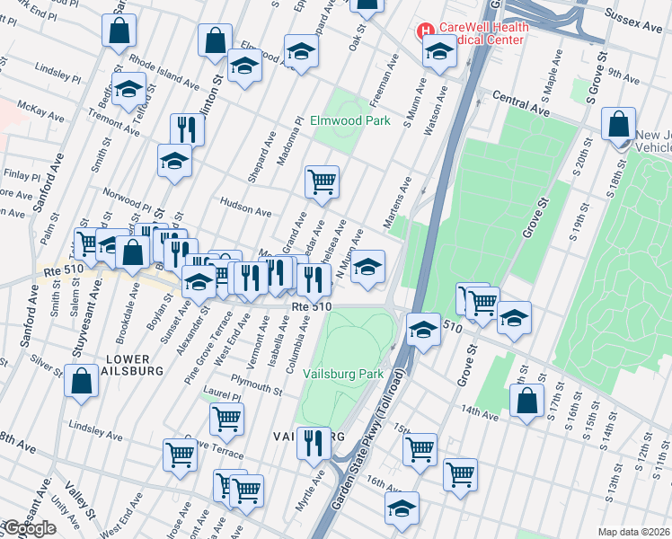 map of restaurants, bars, coffee shops, grocery stores, and more near 16-34 North Munn Avenue in Newark