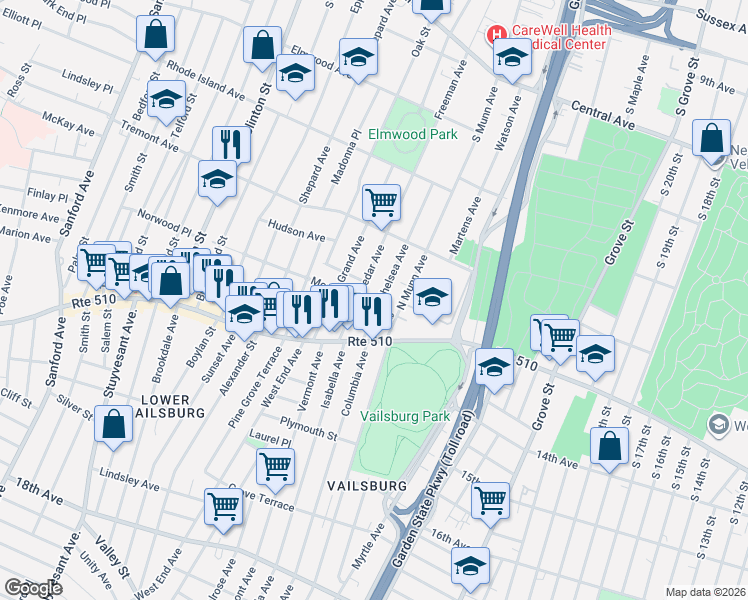 map of restaurants, bars, coffee shops, grocery stores, and more near 27 Chelsea Avenue in Newark