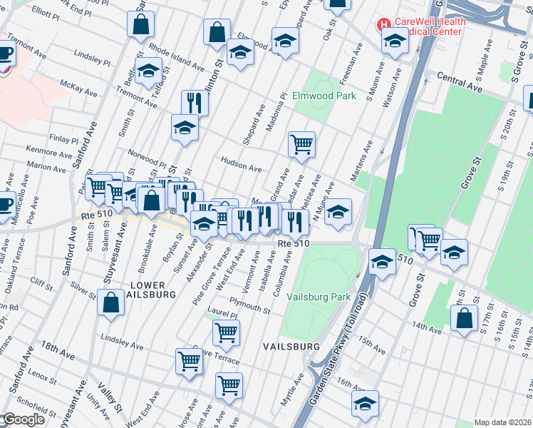 map of restaurants, bars, coffee shops, grocery stores, and more near 21 Cedar Avenue in Newark