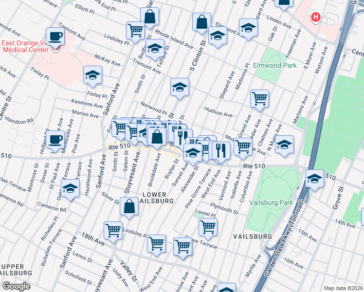 map of restaurants, bars, coffee shops, grocery stores, and more near 88 Sunnyside Terrace in East Orange