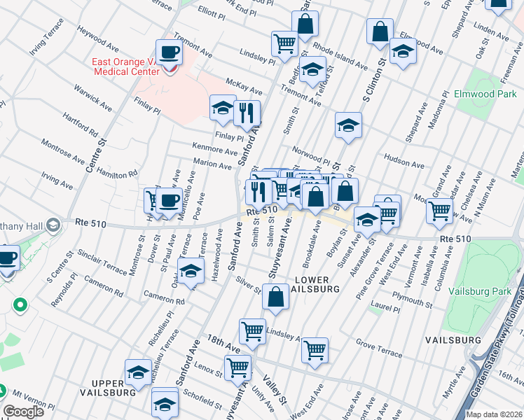 map of restaurants, bars, coffee shops, grocery stores, and more near 174 Smith Street in Newark