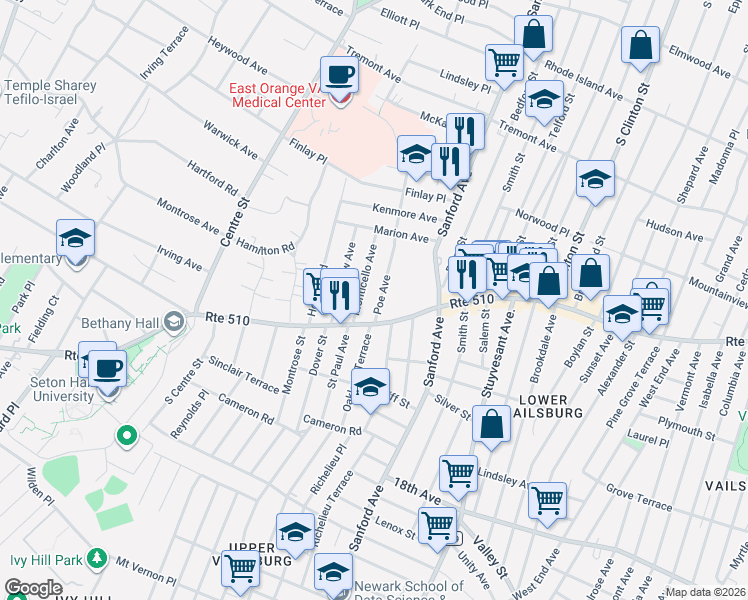 map of restaurants, bars, coffee shops, grocery stores, and more near 1111 South Orange Avenue in Newark