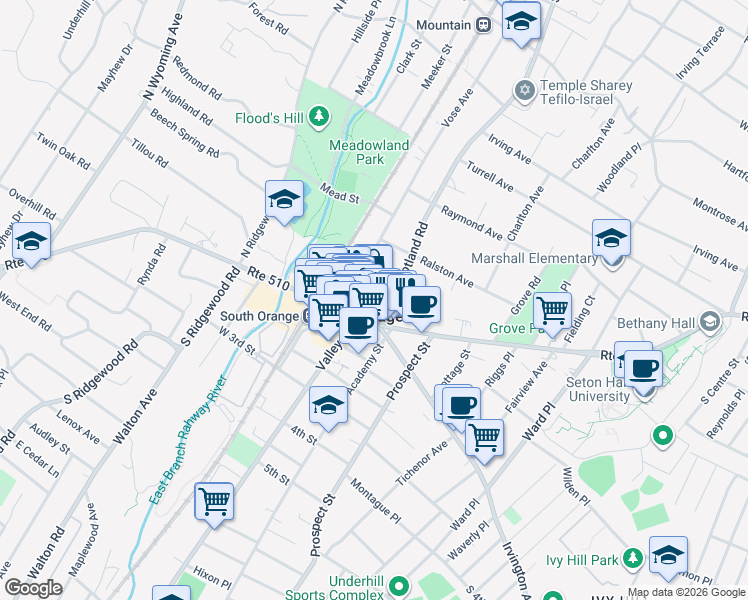 map of restaurants, bars, coffee shops, grocery stores, and more near in South Orange Village