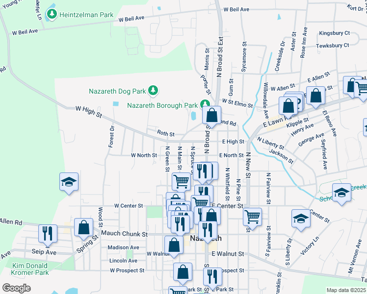 map of restaurants, bars, coffee shops, grocery stores, and more near 201 North Main Street in Nazareth