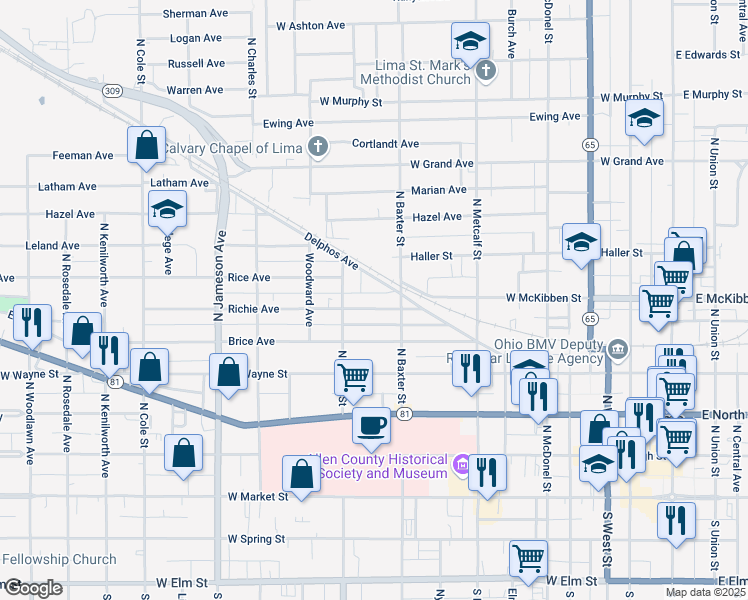 map of restaurants, bars, coffee shops, grocery stores, and more near 847 Richie Avenue in Lima