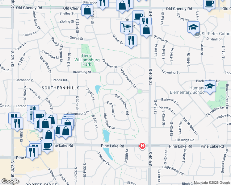 map of restaurants, bars, coffee shops, grocery stores, and more near 3610 Old Dominion Road in Lincoln