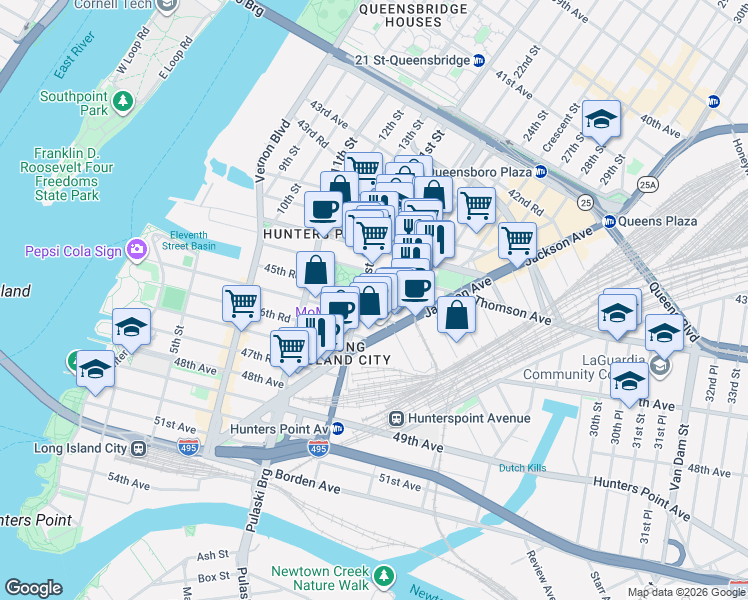 map of restaurants, bars, coffee shops, grocery stores, and more near 21-21 46th Avenue in Queens