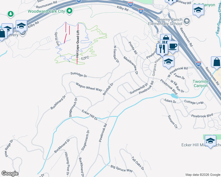 map of restaurants, bars, coffee shops, grocery stores, and more near 7890 Boothill Drive in Park City