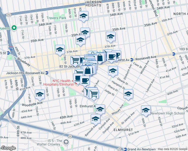 map of restaurants, bars, coffee shops, grocery stores, and more near 40-30 Ithaca Street in Queens