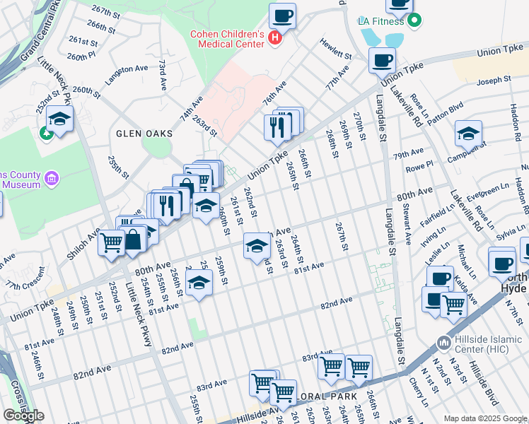 map of restaurants, bars, coffee shops, grocery stores, and more near 79-43 263rd Street in Queens