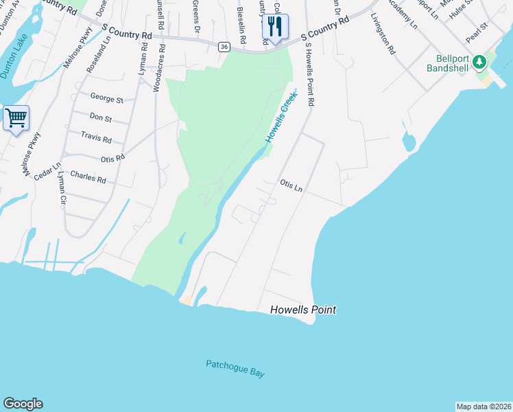 map of restaurants, bars, coffee shops, grocery stores, and more near 75 South Howells Point Road in Bellport