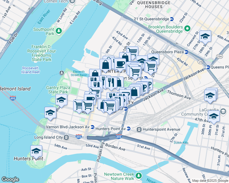map of restaurants, bars, coffee shops, grocery stores, and more near 11-15 46th Road in Queens