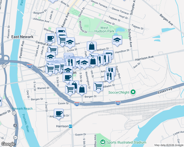 map of restaurants, bars, coffee shops, grocery stores, and more near 28 1/2 Washington Street in Harrison