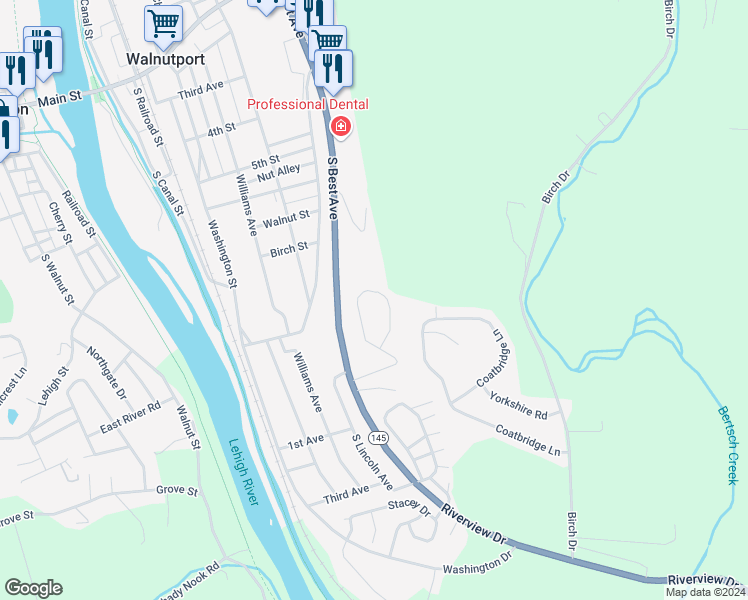 map of restaurants, bars, coffee shops, grocery stores, and more near 52 Linda Drive in Walnutport