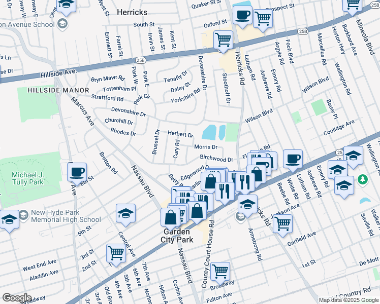 map of restaurants, bars, coffee shops, grocery stores, and more near 58 Birchwood Drive in New Hyde Park