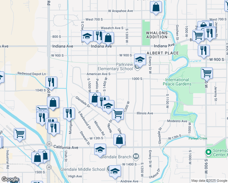 map of restaurants, bars, coffee shops, grocery stores, and more near 1066 Navajo Street in Salt Lake City