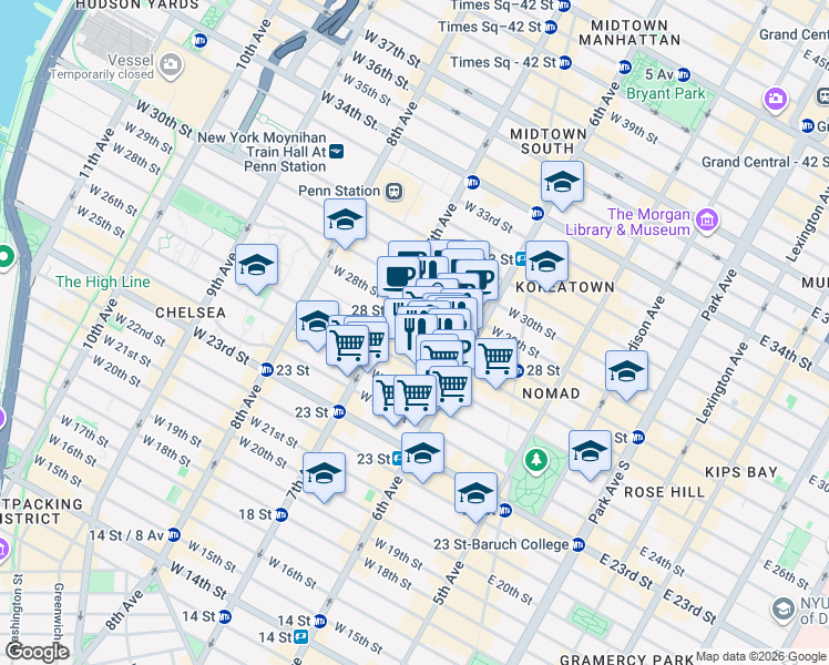 map of restaurants, bars, coffee shops, grocery stores, and more near 121 West 27th Street in New York