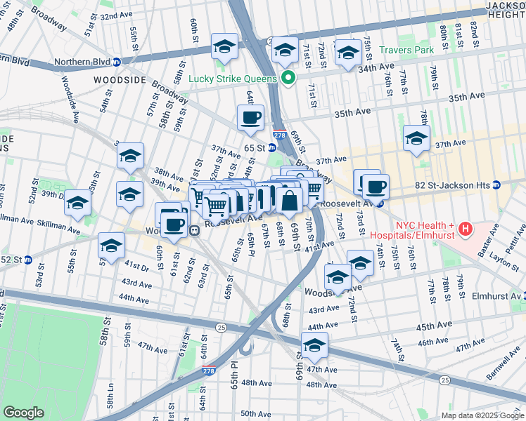 map of restaurants, bars, coffee shops, grocery stores, and more near 6527 Roosevelt Avenue in Queens