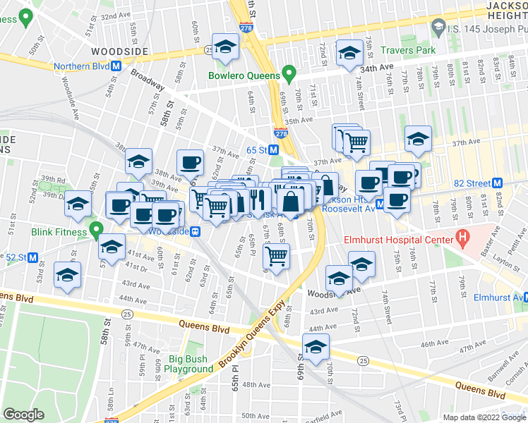 map of restaurants, bars, coffee shops, grocery stores, and more near 65-27 Roosevelt Avenue in Queens