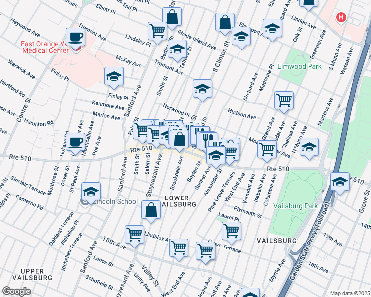 map of restaurants, bars, coffee shops, grocery stores, and more near 916 South Orange Avenue in Newark