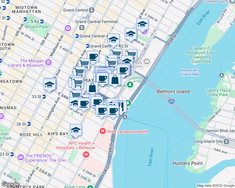 map of restaurants, bars, coffee shops, grocery stores, and more near 333 East 38th Street in New York
