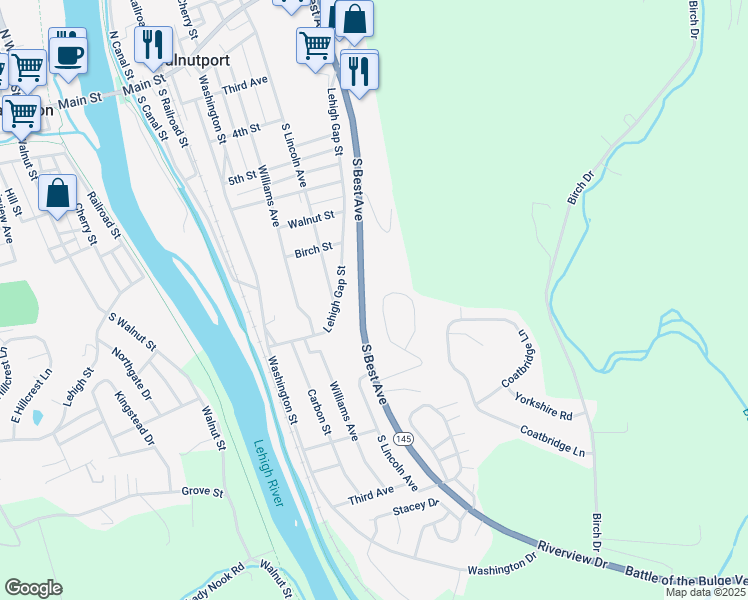 map of restaurants, bars, coffee shops, grocery stores, and more near 29 View Drive in Walnutport