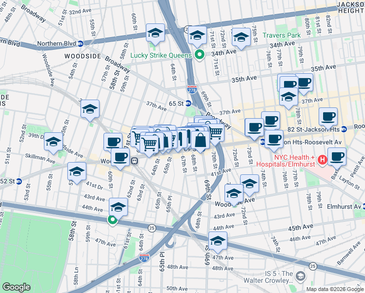 map of restaurants, bars, coffee shops, grocery stores, and more near in Queens