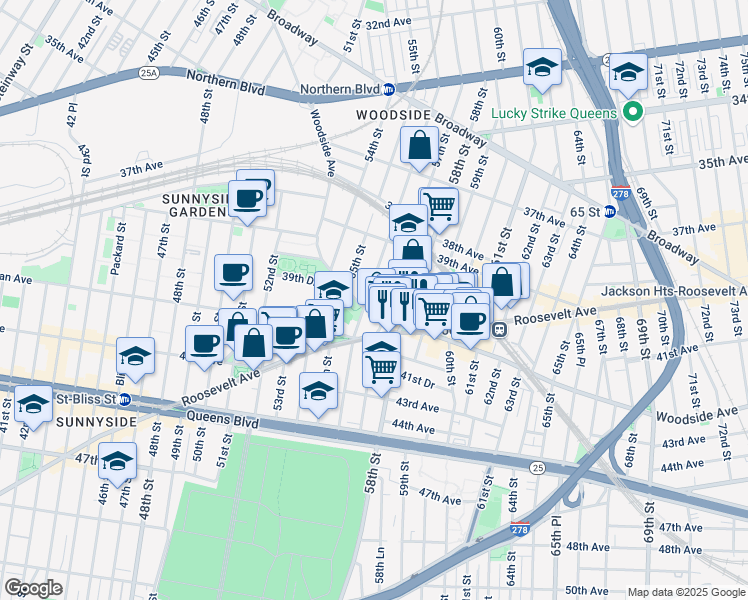 map of restaurants, bars, coffee shops, grocery stores, and more near 40-03 56th Street in Queens