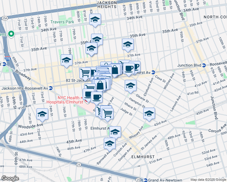map of restaurants, bars, coffee shops, grocery stores, and more near 40-30 Hampton Street in Queens