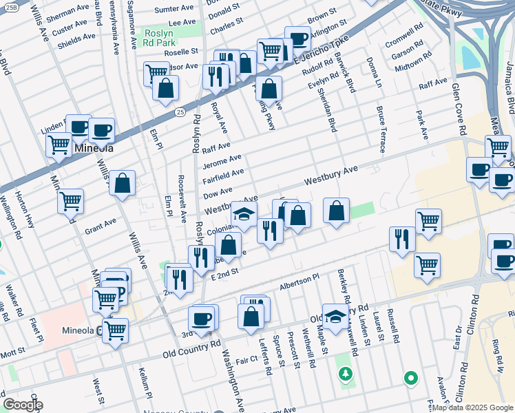 map of restaurants, bars, coffee shops, grocery stores, and more near 88 Colonial Avenue in Mineola