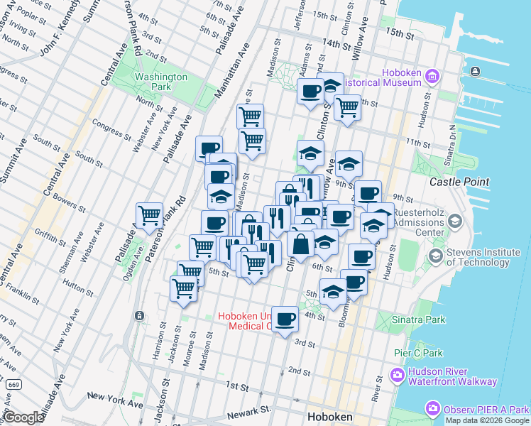 map of restaurants, bars, coffee shops, grocery stores, and more near 711 Adams Street in Hoboken