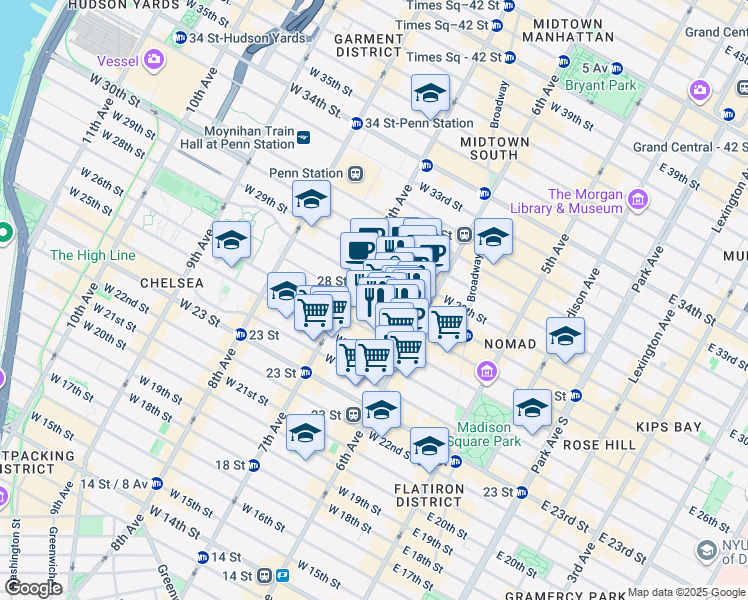 map of restaurants, bars, coffee shops, grocery stores, and more near 121 West 27th Street in New York