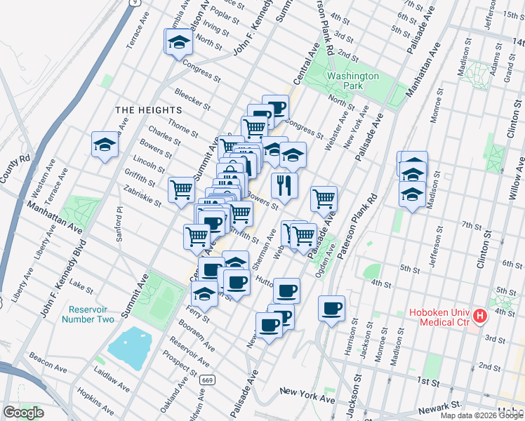 map of restaurants, bars, coffee shops, grocery stores, and more near 95 Hancock Avenue in Jersey City