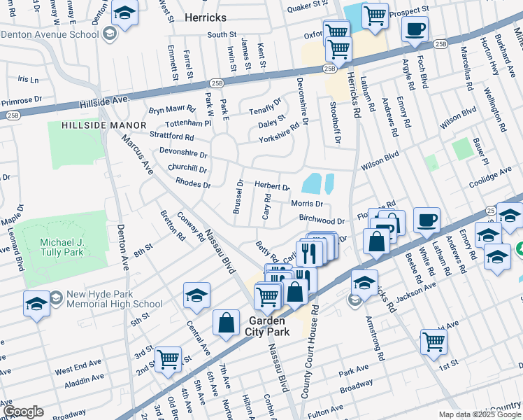 map of restaurants, bars, coffee shops, grocery stores, and more near 9 Cary Road in New Hyde Park