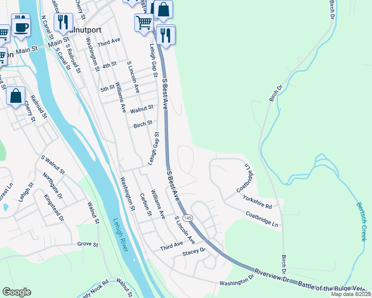 map of restaurants, bars, coffee shops, grocery stores, and more near 42 Linda Drive in Walnutport