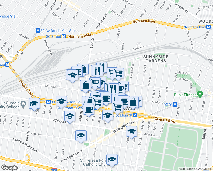map of restaurants, bars, coffee shops, grocery stores, and more near 41-41 41st Street in Queens