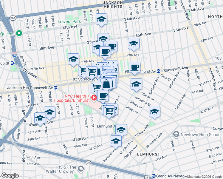 map of restaurants, bars, coffee shops, grocery stores, and more near 40-05 Ithaca Street in Queens