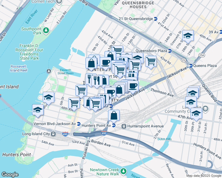 map of restaurants, bars, coffee shops, grocery stores, and more near 19 21st Street in Queens