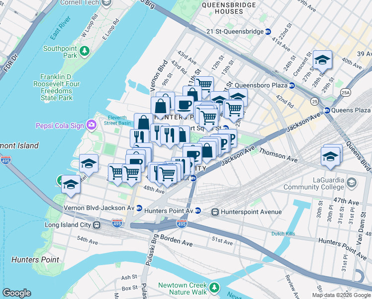 map of restaurants, bars, coffee shops, grocery stores, and more near 11-15 46th Road in Queens