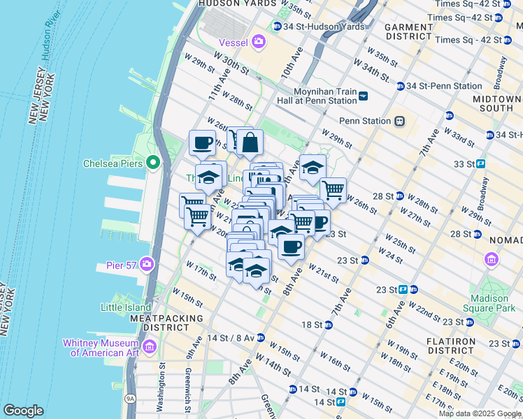 map of restaurants, bars, coffee shops, grocery stores, and more near 414 West 22nd Street in New York